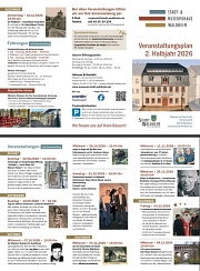 Der Flyer informiert über das Veranstaltungsprogramm des Stadt- und Museumshauses Waldheim für das zweite Halbjahr 2026. Das Layout ist dreispaltig gestaltet und verwendet die Farben Blaugrün und Ocker als Gestaltungselemente. Mehrere Fotos zeigen historische Gebäude, Ausstellungen sowie Referentinnen und Referenten der Veranstaltungen.
Oben rechts steht groß der Titel: „Veranstaltungsplan 2. Halbjahr 2026“. Daneben ist ein Foto des Stadt- und Museumshauses Waldheim abgebildet. Das Logo der Stadt Waldheim befindet sich am unteren Rand.
Im oberen Bereich des Flyers stehen organisatorische Informationen:
•	Anmeldung zu Veranstaltungen per E-Mail, Telefon oder persönlich. 
•	Hinweise zum Erwerb von Eintrittskarten und regionalen Produkten. 
•	Öffnungszeiten des Museums: 
o	Dienstag bis Sonntag: 9 bis 12 Uhr 
o	Dienstag bis Sonntag: 13 bis 16 Uhr 
•	Kontaktdaten des Museums und Informationen zu Parkmöglichkeiten. 
•	Donnerstag, 10. Dezember 2026, 19 Uhr 
•	Bildvortrag „Die Waldheim – Kriebsteiner Eisenbahn“ 
•	Referent: Hans-Rainer FischerDarunter werden Termine für Friedhofsführungen genannt:
20.09.2026 und 27.09.2026 jeweils mit Voranmeldung. 
Außerdem wird die Möglichkeit erwähnt, den historischen Glaspavillon für private Veranstaltungen zu mieten.
Veranstaltungsübersicht
Die Veranstaltungen sind nach Monaten gegliedert:
August
•	30. August 2026, 14 Uhr 
•	Vernissage zur Ausstellung „Collagen – neue Wege mit Werner Rollow“. 
September
•	13. September 2026, 9 bis 16 Uhr 
•	Tag des offenen Denkmals im Lindenhof Waldheim Waldheim. 
Oktober
•	7. Oktober 2026, 19 Uhr 
•	Zeitzeugenbericht von Dr. Jörg Bike über die Zeit in der JVA in Waldheim. 
•	28. Oktober 2026, 19 Uhr 
•	Vortrag über Schimpansen von Dr. Andreas Liebau. 
•	31.10.2026,18 Uhr
•	Klassisches Konzert im Ratssaal
November
•	4. November 2026, 19 Uhr 
•	Vortrag zur Geschichte der Stadtkirche St. Nicolai Waldheim von Michael Kreskowsky 
•	11. November 2026, 19 Uhr 
•	Knaststorys -Vom Gefängnisdirektor und seinem Gehilfen
•	25. November 2026, 19 Uhr 
•	Kübler und Niethammer Filmvorführung
Dezember
•	4. Dezember 2026 
•	Weihnachtsmarkt mit Händlerständen, Vorführungen, historischer Handwerkskunst, Musik 
•	09. Dezember 2026, 19Uhr 
•	175 Jahre Eisenbahn
Der Flyer endet mit dem Willkommensgruß: „Wir freuen uns auf Ihren Besuch!“
________________________________________